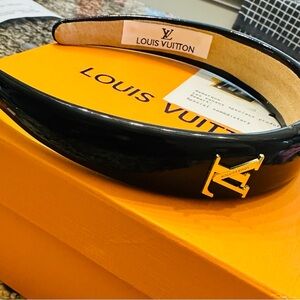 Louis Vuitton Glossy Black Headband with Gold Logo